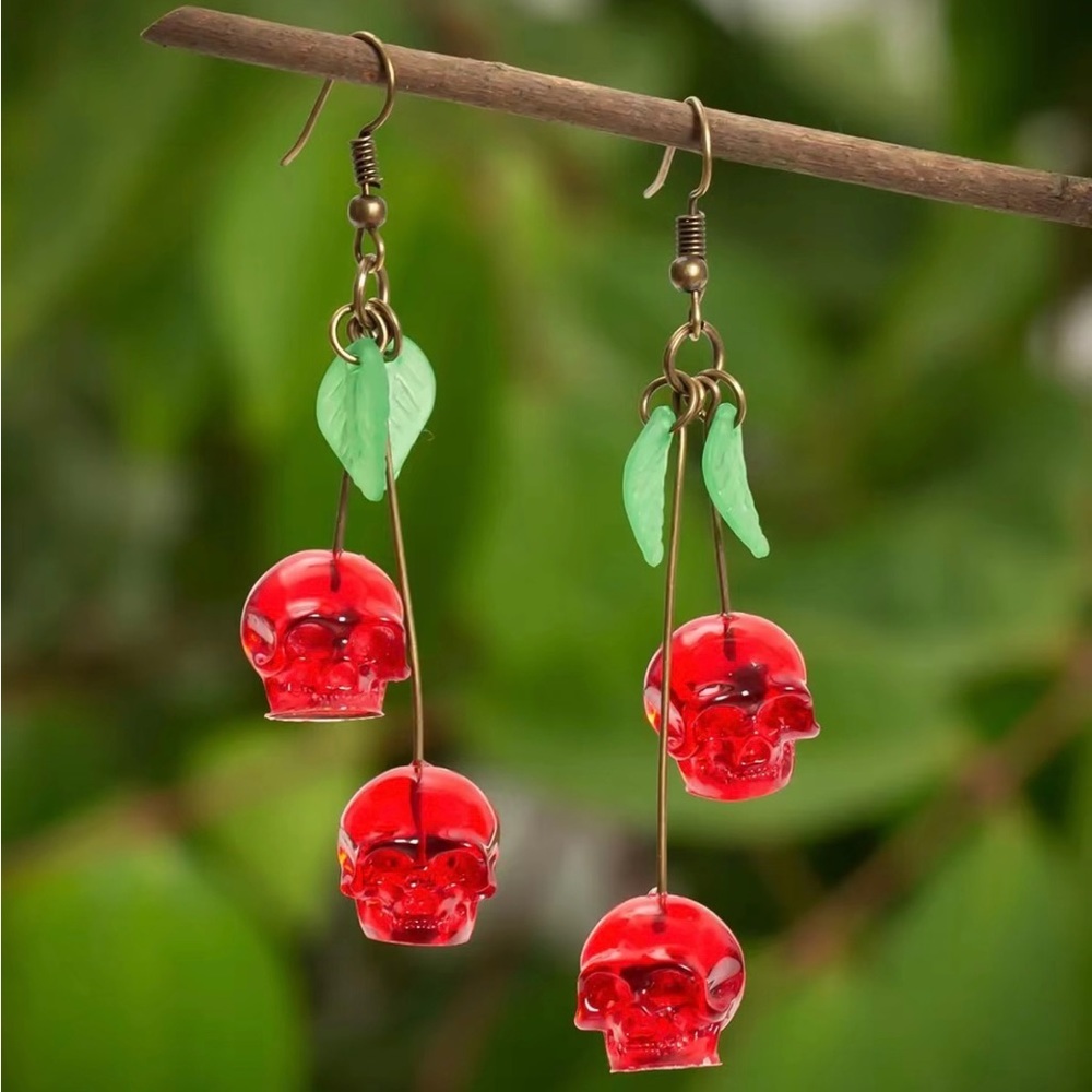 Gothic Red Trending Cherry Skull Shaped Earrings & Leafs Faux Fashion Jewelry